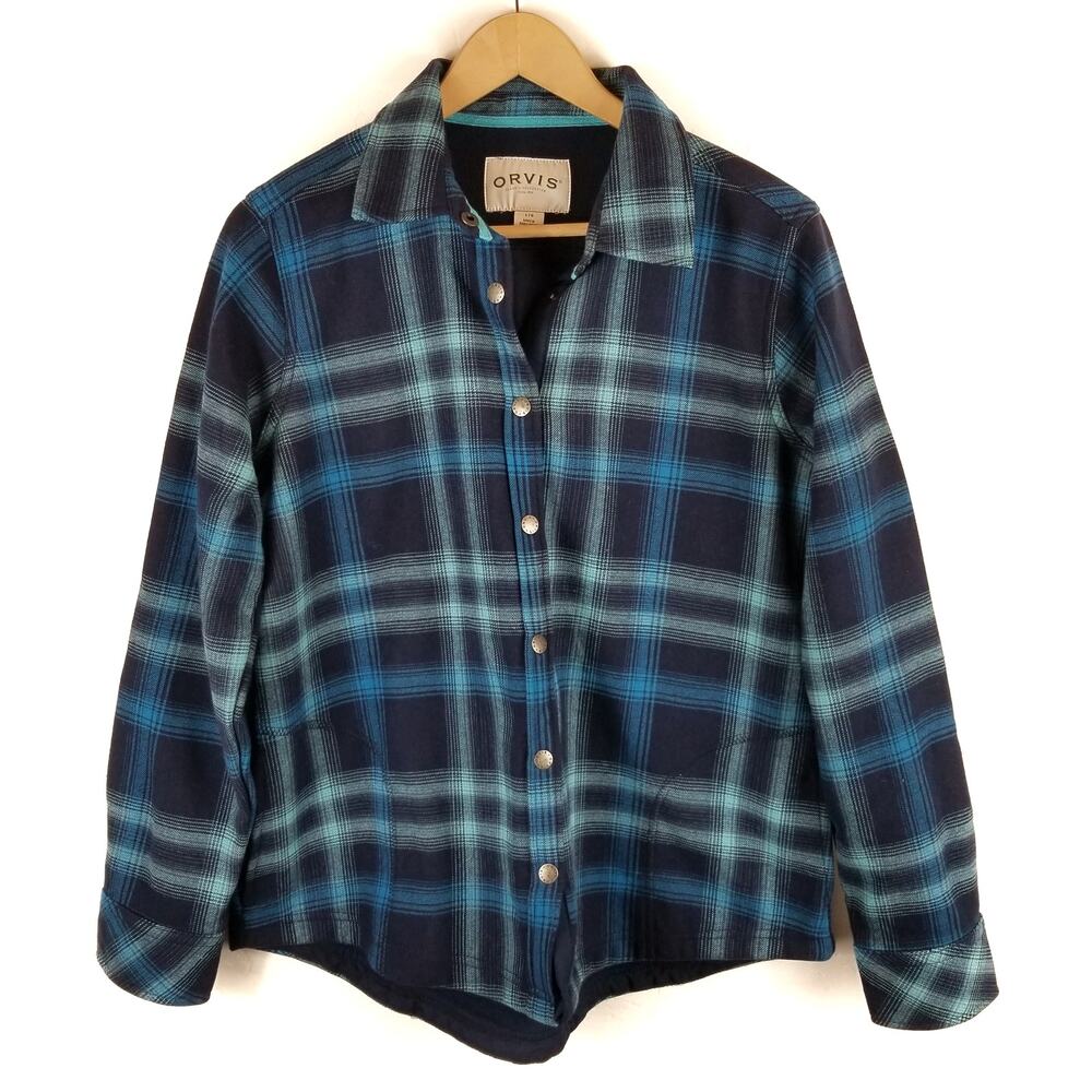 Orvis Blue Fleece Lined Plaid Shirt Jacket Shacket Size Large - Picture 2 of 8